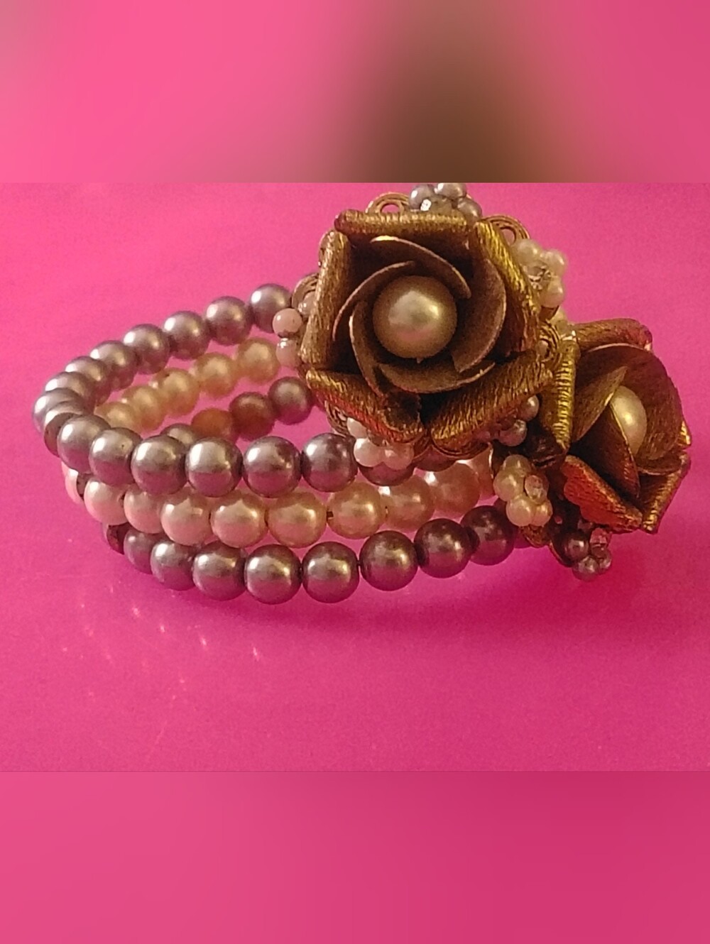 Vintage Unsigned Miriam Haskell Attributed Pearl Coil Wrap Bracelet Floral Rose